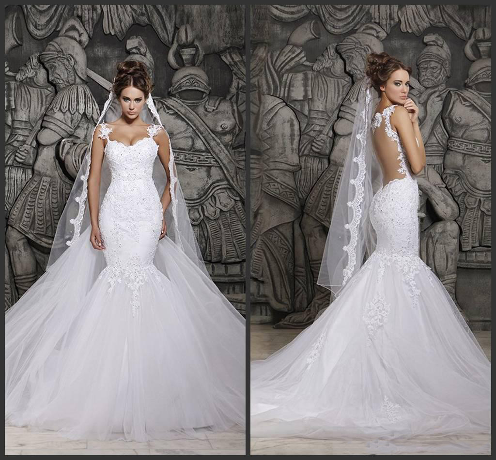 Custom Made 2021 Beautiful Court Train Illusion Transparent Back Beaded Lace Mermaid Spring Wedding Dresses Bridal Gowns