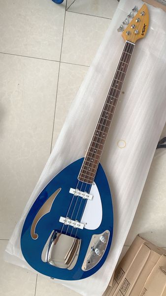 Basse 4 cordes sur mesure VOX bleu corps semi-creux guitare électrique BASS F trou corps Chrome Hardware