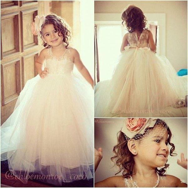 Robes de petites filles blanches adorables faites sur commande bijou robe de bal tulle organza longueur de plancher dentelle organza robes de filles de fleur avec noeud papillon