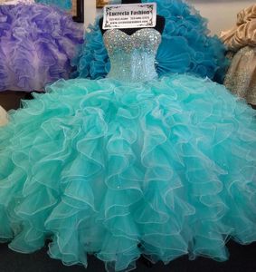 Custom Made Aqua Quinceanera Ball Jurns -jurken voor zoete 16 goedkope sweetheart Crystal Organza Masquerade mode mode ragazza jurk ves3603770