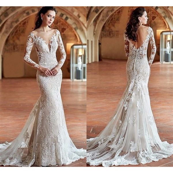 Sur mesure arabe Aso Ebi blanc sirène robe de mariée col en V dentelle Appliques Sexy superbes manches longues robes de mariée 328 328