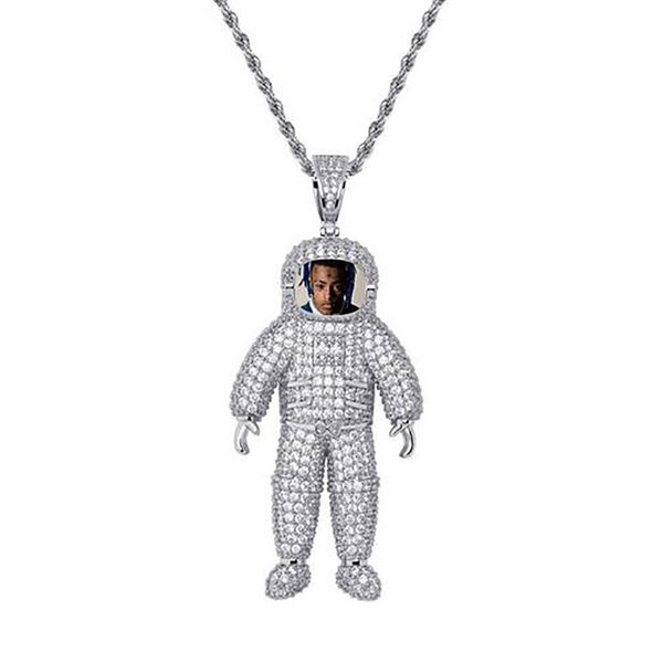 Collier pendentif astronaute sur mesure Iced Out Spaceman avec chaîne en corde de 3 mm Argent Or Couleur Zircon Hommes Hiphop Collier