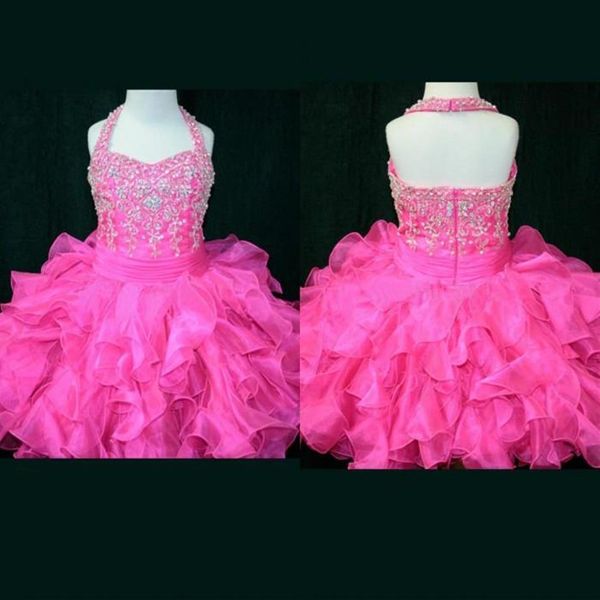 Vestidos de fiesta de cumpleaños hechos a medida A Line Mini S Halter Pink Cupcake Girls Vestidos de desfile Niñas con cuentas de cristal Flor barata Gi238G