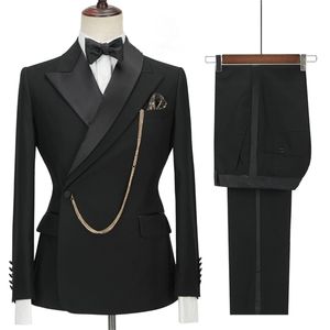 Op maat gemaakte zwarte bruidegom Tuxedo Peaked Rapel Double Breasted Men Suite Prom Wedding Party Heren Pakken Kostuum jacketpants 220704