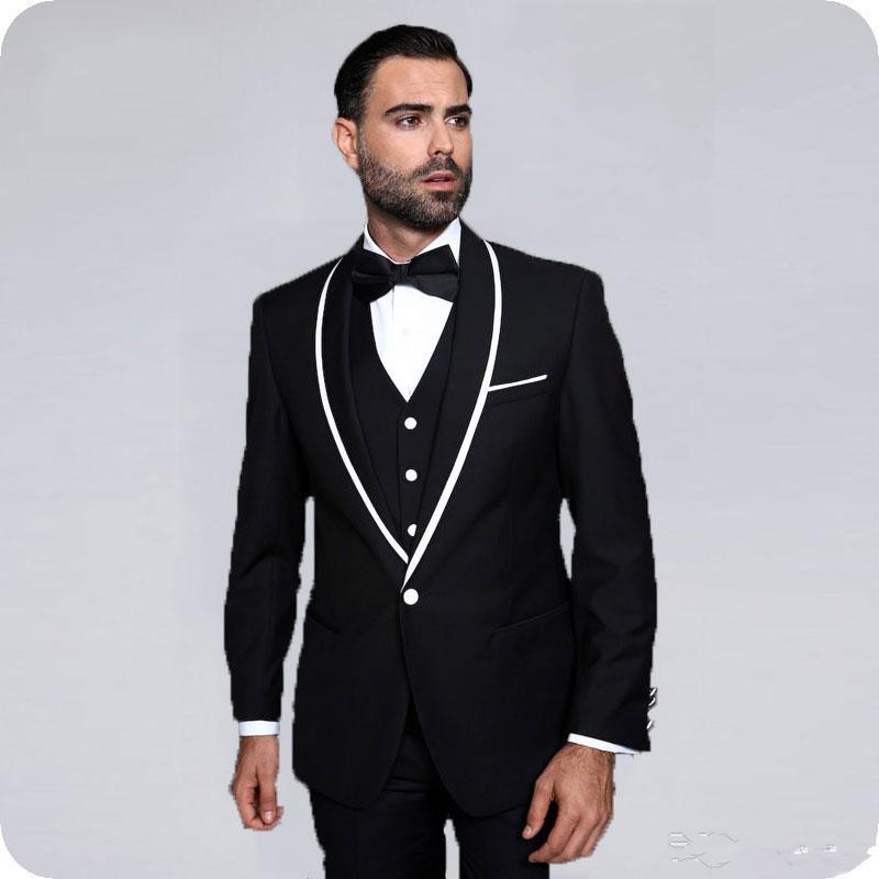 Custom Made Zwarte Mannen Pakken voor Bruiloft Smoking Sjaal Revers Vintage Bruidegom Slijtage Man Blazer 3 Stuk Kostuum Homme (Jas + Broek + Vest)