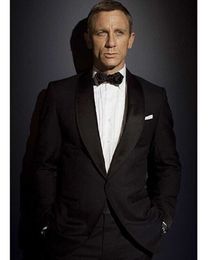 Custom Made Black Mens Suits Tuxedo Jas Mannen Pak James Bond Jurk Slijtage To Wedding Pak voor Mannen Bruidegom Jas + Broek + Strikje X0909