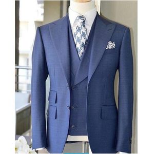 Op maat gemaakte blauwe bruidegom smoking piek revers groomsmen heren trouwjurk populaire man jas blazer 3 stuk pak (jas + broek + vest + stropdas) 1029