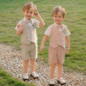Custom Made Boy's Summer Formal Wear 2 Pieces Slim Fit Kids Banket Suit Set Wedding Party Kinderen Vest Korte Broek