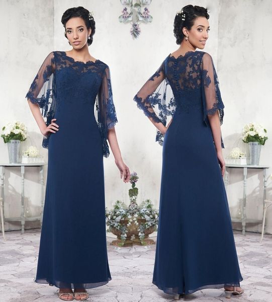 Vestidos para madre de la novia de gasa hechos a medida, vestidos de noche hasta el suelo de línea A, vestidos de madre de encaje azul marino oscuro