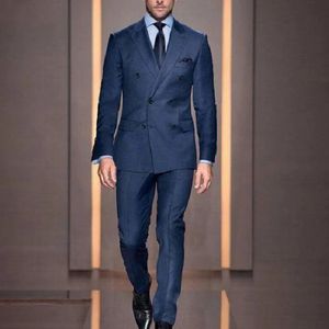 Op maat gemaakte dubbele borsten Dark Blue Men Suits Casual Male Blazers Slim Fit Groomsmen 2 stuks kostuum mannen kleding 231221