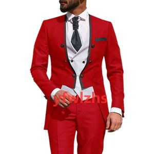 Op maat gemaakte dubbele breasted groomsmen kraagloze bruidegom smoking mannen pakken bruiloft / prom / diner man blazer (jas + broek + tie + vest) W978