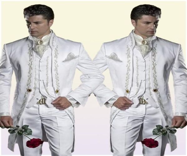 Tuxedos de marié brodé sur mesure, 3 pièces, Long, blanc, costume de mariage, marié, dîner, bal de promo, veste, pantalon, gilet, 5556385