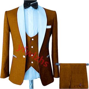 Op maat gemaakte bruidegom Tuxedos Brown Blossom Men Suits Sjawl Rapel Groomsmen Wedding/Prom/Dinner Man Blazer Jacket Broek Tie Vest M257