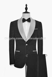 Tuxedos de marié à motif noir sur mesure, châle gris argenté, costumes pour hommes, ventilation latérale, mariage/bal, meilleur homme (veste + pantalon + cravate) K976