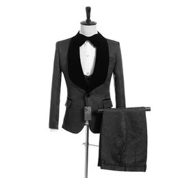 Custom Made Bruidsjonkers Zwart Patroon Bruidegom Smoking Shawl Revers Mannen Pakken Side Vent Wedding Prom Man Jas Broek Vest Tie 347s