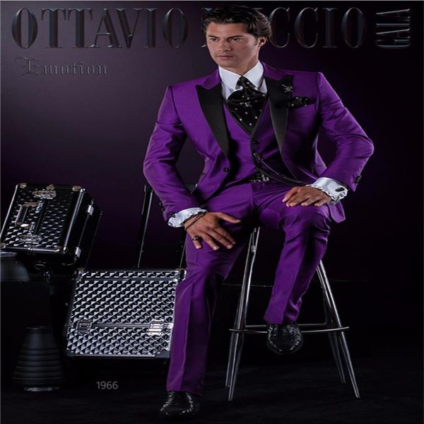 Custom Made Garçons D'honneur Violet Marié Tuxedos Peak Noir Revers Hommes Costumes De Mariage De Bal Dîner Homme Blazer Veste Pantalon Cravate Gilet 298m