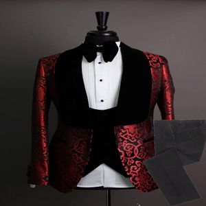 Les garçons d'honneur sur mesure châle Velvet Lapel de marié smochoedos Red and Black Men Suit Wedding Best Man Blazer Jacket Pantal