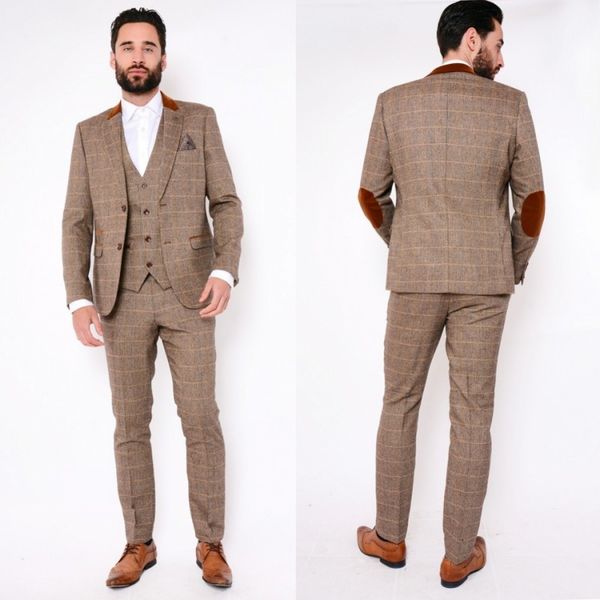Custom Made Handsome Mens Suits Fashion Brown Glen Plaid Costumes de mariage de haute qualité Tuxedos de marié chaud pour le meilleur homme (veste + gilet + pantalon)