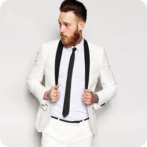 Custom Made Ivory Men Past for Wedding Black Sjaal Revers Tuxedo Slim Fit Formele Blazer Jas Broek 2 stuks Prom Party Best Man Kostuum