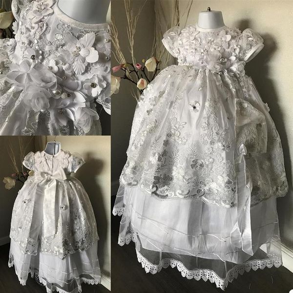 Custom Made Dentelle Broderie Robes De Baptême Pour Bébés 3D Floral Appliques Toddler Baptême Robes Enfants Perlé Première Communicati297y