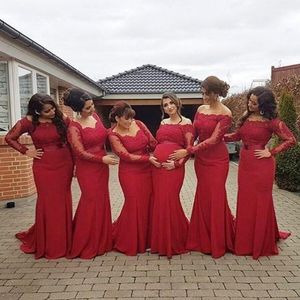 Op maat gemaakte lange mouw bruidsmeisje jurken rode zeemeermin sweep trein kant en chiffon formele jurken voor bruiloft 2019