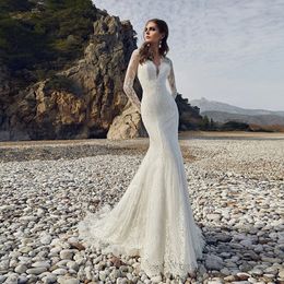 Op maat gemaakte lange mouwen kant zeemeermin bruidsjurken vestido de novia sirena renda sexy open rug elegante jurken gewaad mariee