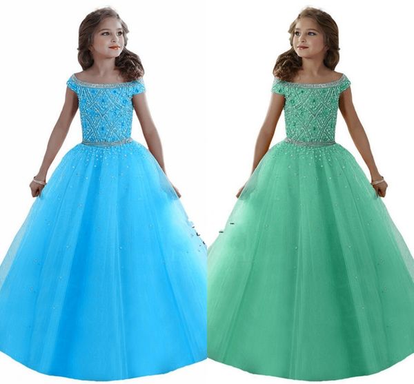 Vestidos del desfile de la muchacha encantadora por encargo fuera de los hombros Cristales con cuentas Corsé Volver Vestidos de niña de las flores Organza Ropa formal para niños