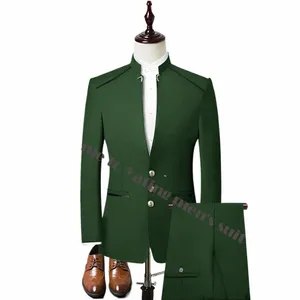 Trajes de hombre por encargo 2024 Green Stand Collar Fi Design Gold Butts Novio Esmoquin para boda Hombres Trajes de fiesta a8Pv #