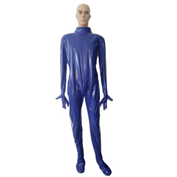 Sur mesure hommes rayures blanches bleu pvc simili cuir Catsuit serré body dos fermeture éclair fête tenue de club combinaison masque amovible