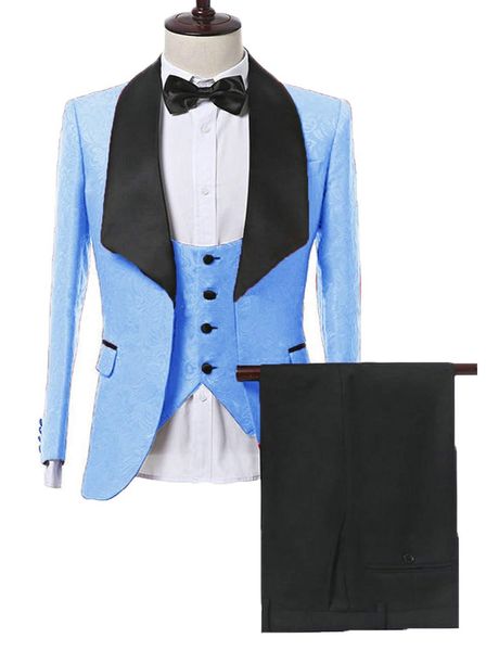 Custom Made Hommes Costumes Bébé Bleu Motif Marié Tuxedos Châle Satin Revers Garçons D'honneur De Mariage Meilleur Homme 3 Pièces (Veste + Pantalon + Gilet + Cravate) L428