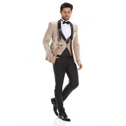 Custom Made Men Suits Beige Groom Tuxedos Shawl Rapel Groomsmen Wedding/Prom/Dinner Man Blazer Jacket broek Vest W868