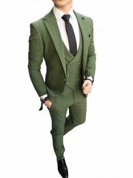 Costumes pour hommes sur mesure, Tuxedos de marié vert olive, revers cranté, mariage, meilleur homme, 3 pièces, veste + pantalon + gilet + cravate i45X #