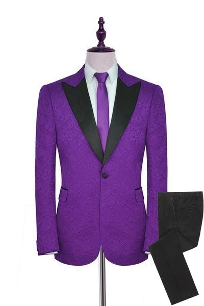 Costumes pour hommes sur mesure motif violet et smokings de marié noir Peak revers en satin garçons d'honneur mariage meilleur homme 2 pièces (veste + pantalon + cravate) L500