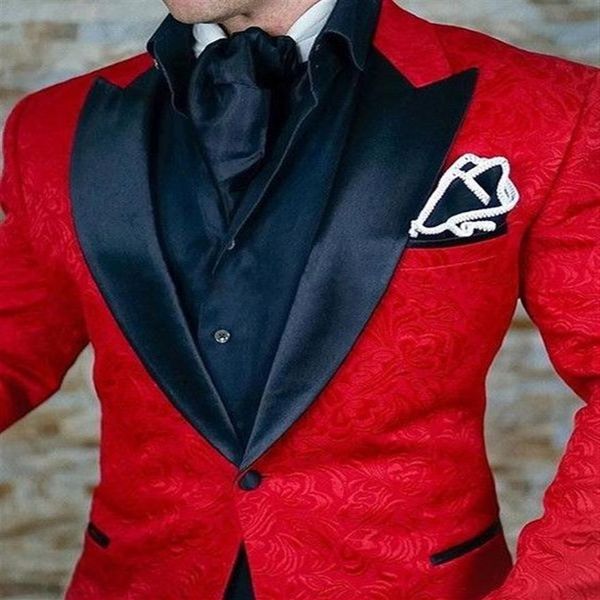 Custom Made Hommes Costumes Motif Rouge et Noir Marié Tuxedos Châle Satin Revers Garçons D'honneur De Mariage De Bal Homme Veste Pantalon Noeud Papillon269o