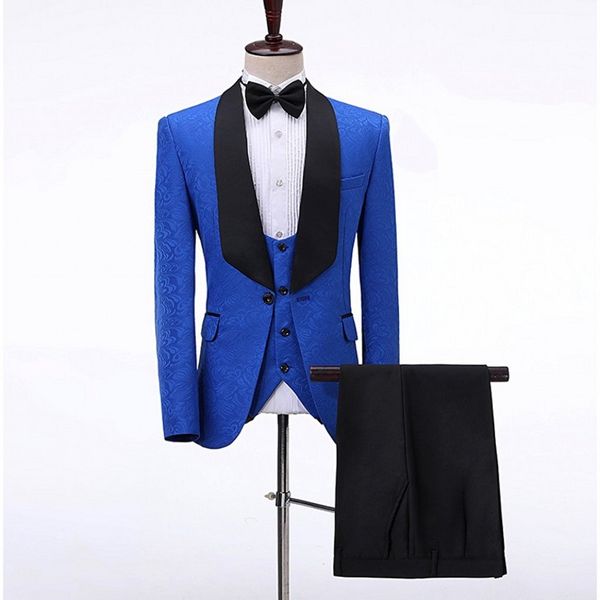 Costumes pour hommes sur mesure motif bleu royal et smokings marié noir châle revers en satin garçons d'honneur mariage meilleur homme (veste + pantalon + gilet + cravate) L374