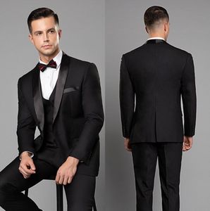 Esmoquin de boda para hombre hecho a medida, chaqueta negra, trajes de un botón, chal, solapa, tres piezas, traje de novio para hombre (chaqueta + Pantalones + chaleco)