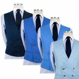 Custom Made New Blue Double Breasted Gilet avec revers châle Slim fit Beige Groom Best Man Wedding Beach Gilet Sleevel Coat x9s8 #