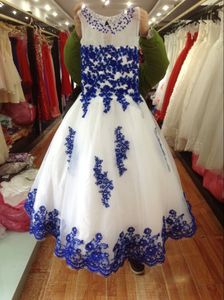 Por encargo New Lace Toddler Spaghetti White And Royal Blue Organza Beaded con vestidos de desfile hechos a mano para niñas Envío gratis