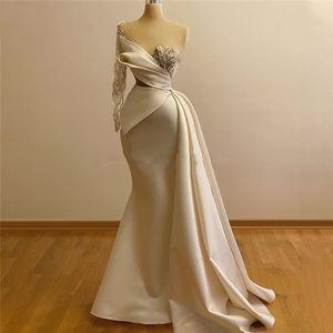 Custom maakte één schouder zeemeermin prom -jurken 2023 Arabische Dubai Turky illusie mouw kralen lange formele avondjurk optocht feestjurk