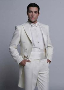 Custom Made Peaked Revers White Tailcoat Men Party Groomsmen Suits in Wedding Tuxedos ((Veste + Pantalon + Cravate + Ceinture) NO; 314