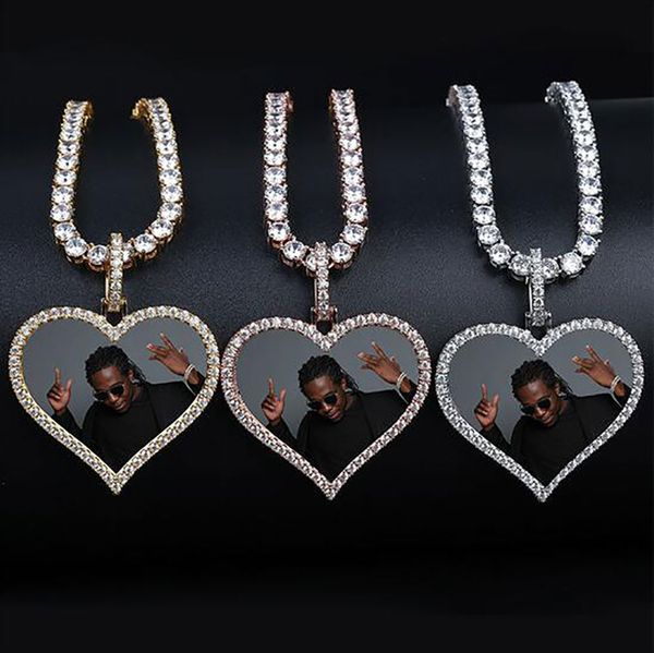 Personnalisé Photo Amour Coeur Forme Médaillons Pendentif Collier 24 pouces Tennis Chaîne Argent Or Glacé Hommes Femmes Couple pendentif