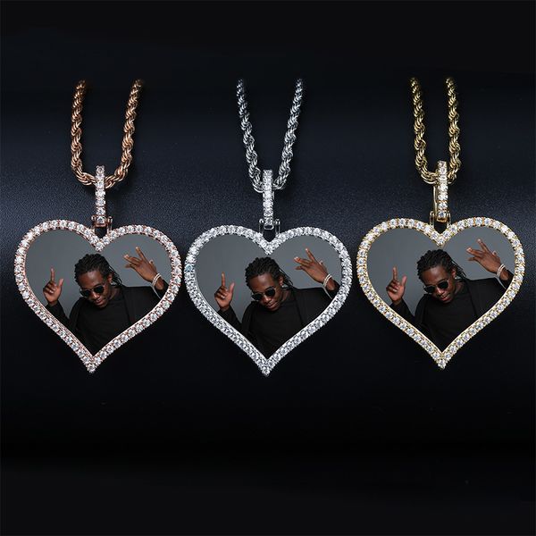 Colliers de médaillons de mémoire de photo sur mesure Bling glacé coeur pendentif chaînes de corde pour hommes femmes Hip Hop bijoux personnalisés