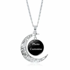 Op maat gemaakte foto hanger maan ketting voor vrouwen mannen gepersonaliseerde glas cabochon foto charm kettingen mode-sieraden cadeau