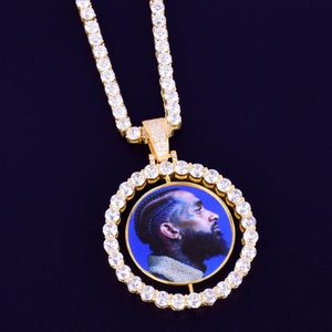 Collier pendentif médaillon double face rotatif avec Photo sur mesure, chaîne de tennis en Zircon, bijoux Hip hop pour hommes 2x1.65 pouces