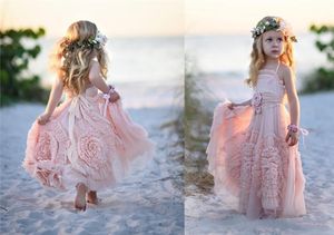 Op maat gemaakte roze bloem meisjes jurken voor bruiloft 2022 kant applique ruches kinderen formele slijtage mouwloze lange strand meisjes pageant jurk