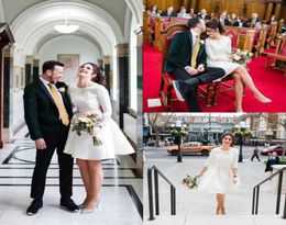 Vestido de novia de talla grande hecho a medida, vestidos de novia cortos, cuello joya, manga larga, satén hasta la rodilla, vestidos de novia baratos 9000960