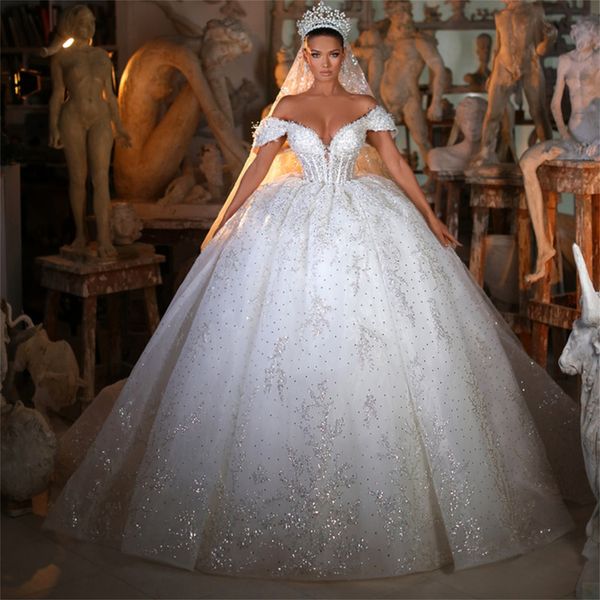 Robes de mariée robe de bal princesse sur mesure chérie hors épaule robes de mariée musulmanes en cristal de luxe