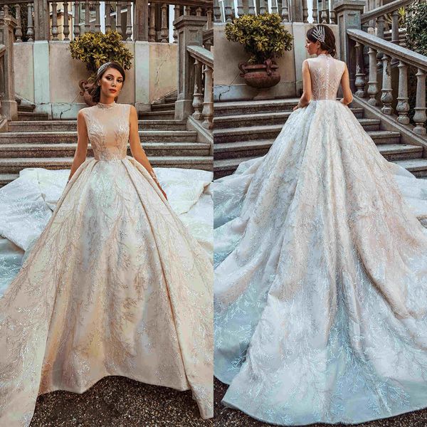 Vestido de fiesta de princesa hecho a medida, vestidos de novia brillantes, transparentes, cuello alto, manga corta, vestidos de novia de cristal de lujo