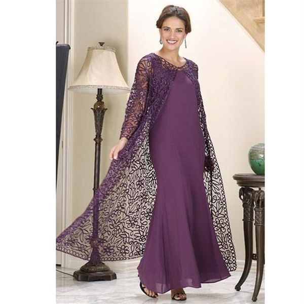 Robes de mère de la mariée sirène violet sur mesure avec veste en dentelle à manches longues longueur cheville robe de soirée en mousseline de soie Wear284s