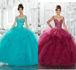 Robes de quinceanera sur mesure Lace Appliquez paillettes à manches longues Boule de balle bleue Tulle Sweet 15 robes plus taille2812287